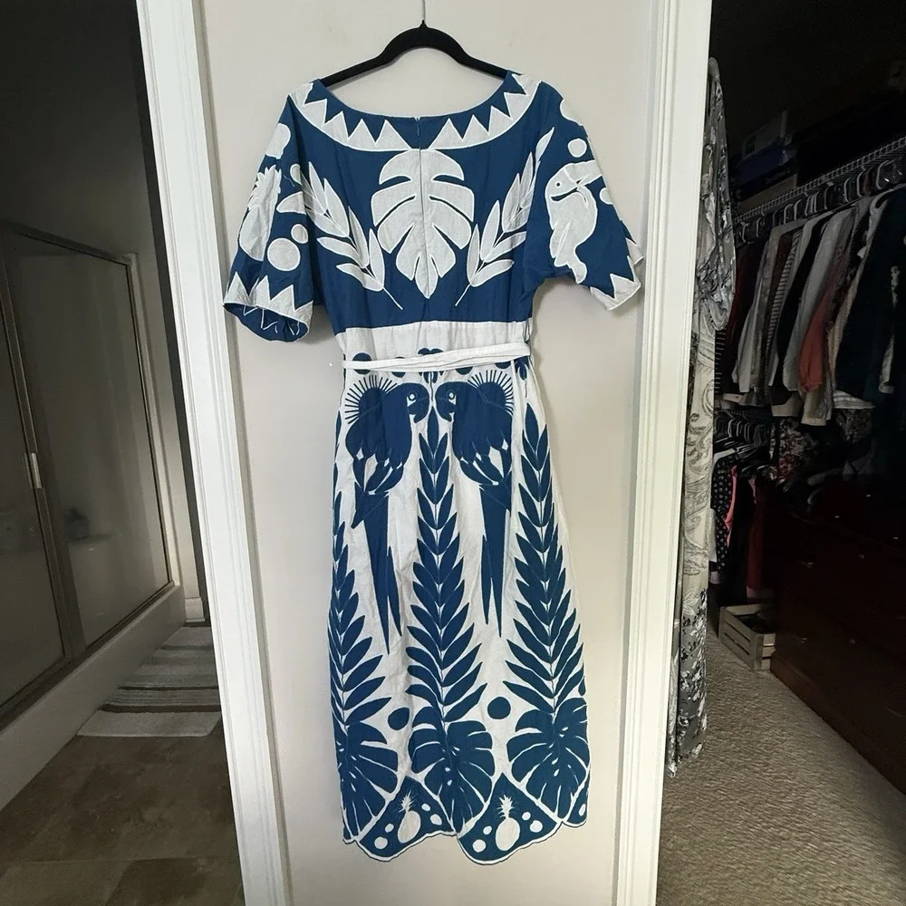 Farm Rio Blue White Embroidered Maxi Dress Tropical Sz S EUC Cruise Resort
